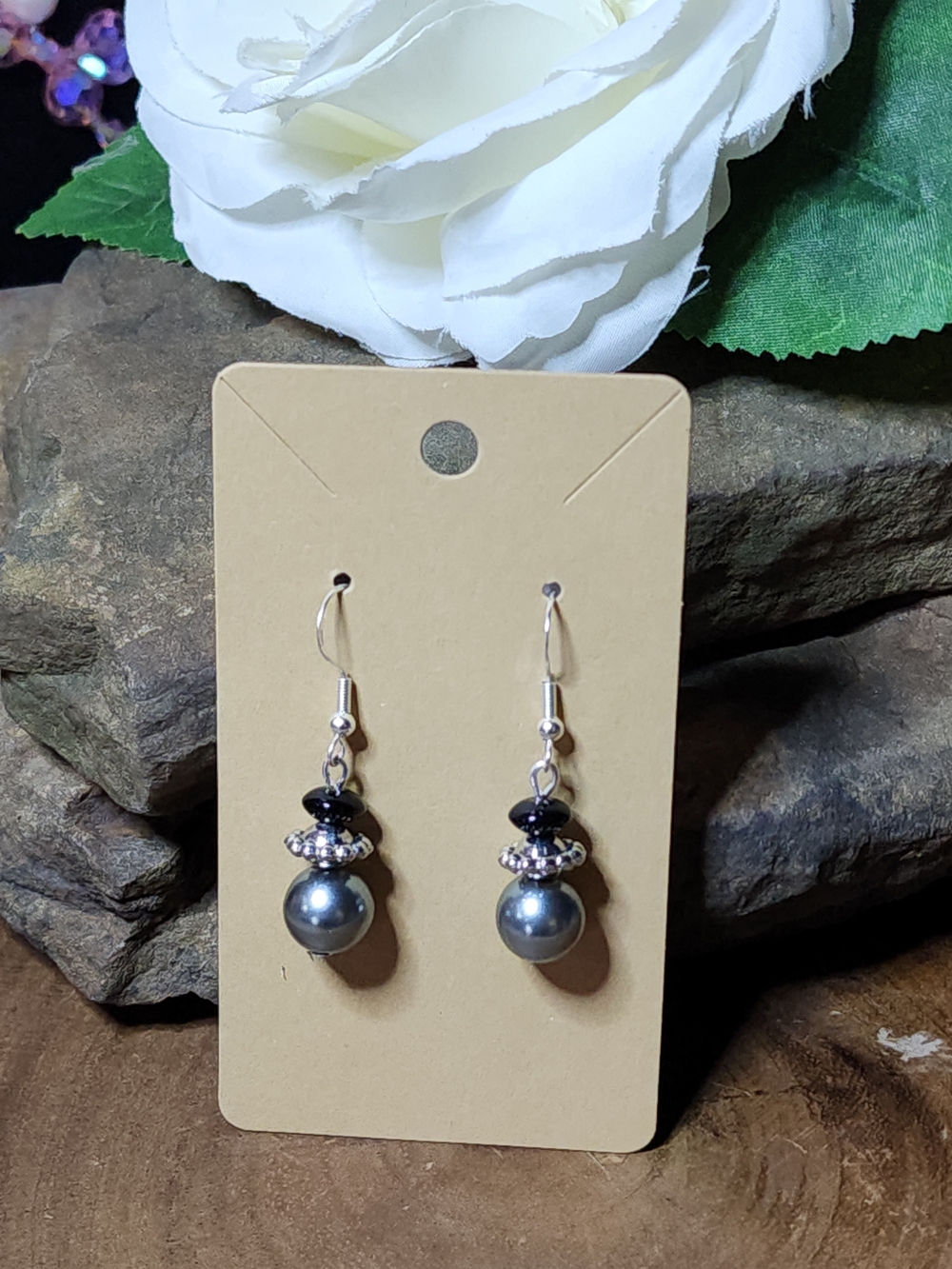 Handcrafted Gray Faux Pearl Drop Earrings with Black Accents